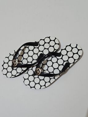 Michael Kors Black & White Polka Dot Flip Flops with Gold Logo Accent